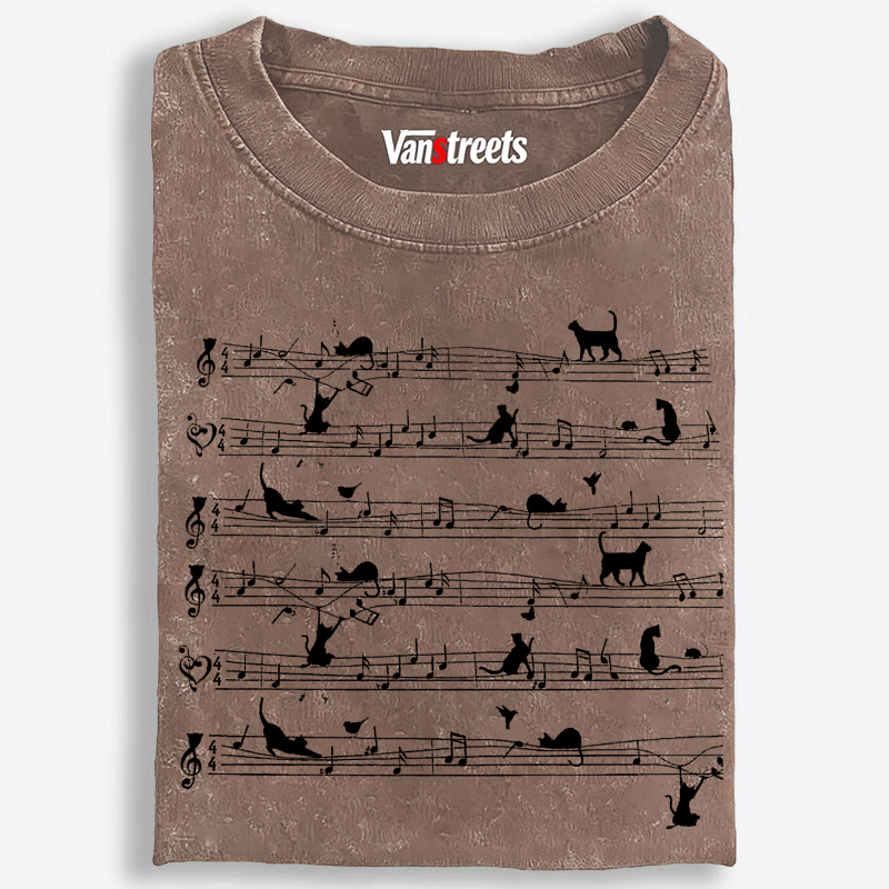 Cat Music Sheet Retro Washed T-Shirt | 100% Cotton | Streetwear Essential