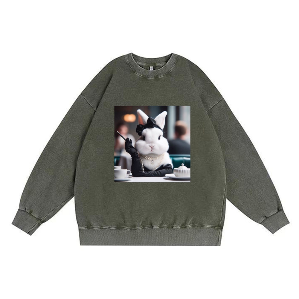 Pearl Bunny · Tea Break Retro Premium Washed Cotton Crewneck Sweatshirt