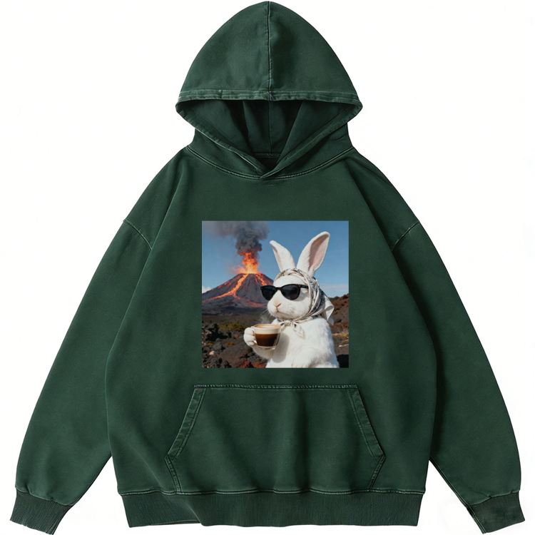 Volcano Coffee Rabbit Retro Washed Hoodide | 100% Cotton | Streetwear Essential