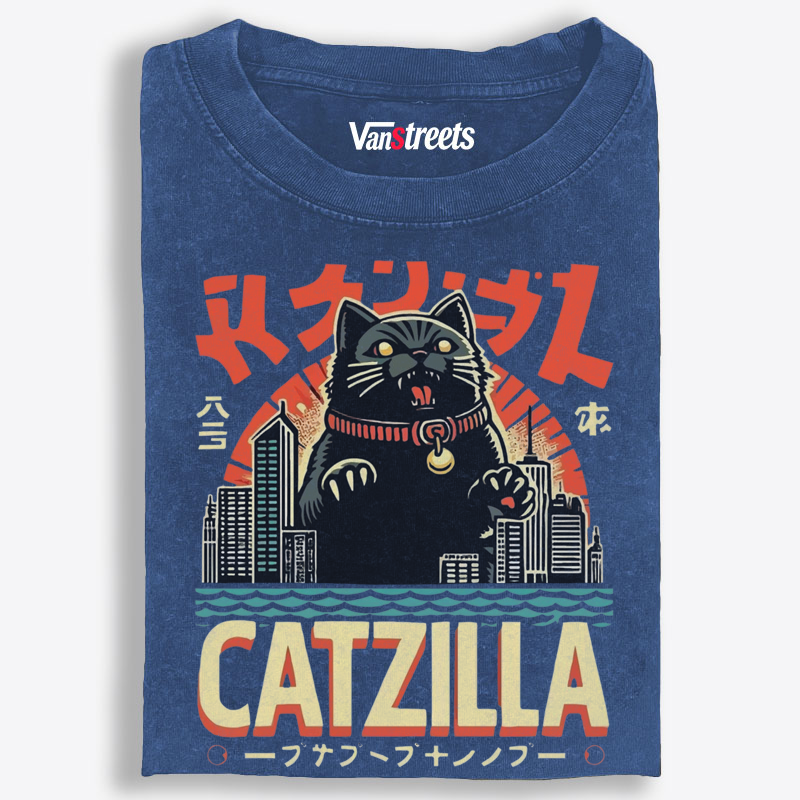 Japanese Style Catzilla Retro Washed T-Shirt | 100% Cotton | Streetwear Essential