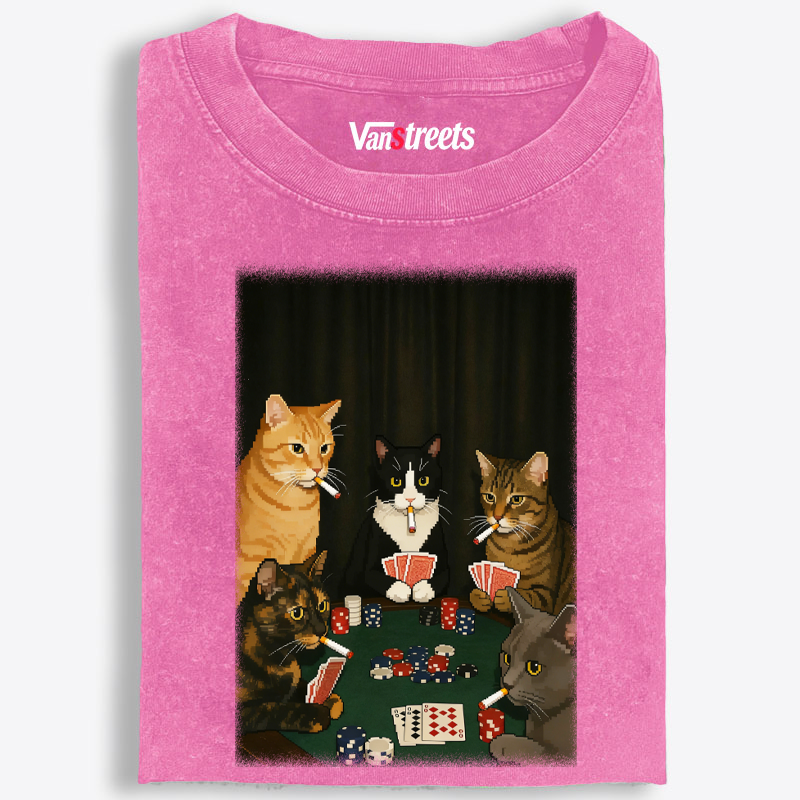Midnight Poker Cats Retro Washed T-Shirt | 100% Cotton | Streetwear Essential