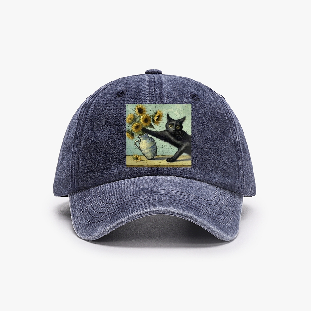 Van Gogh's Cat with Sunflowers Retro Washed Baseball Cap