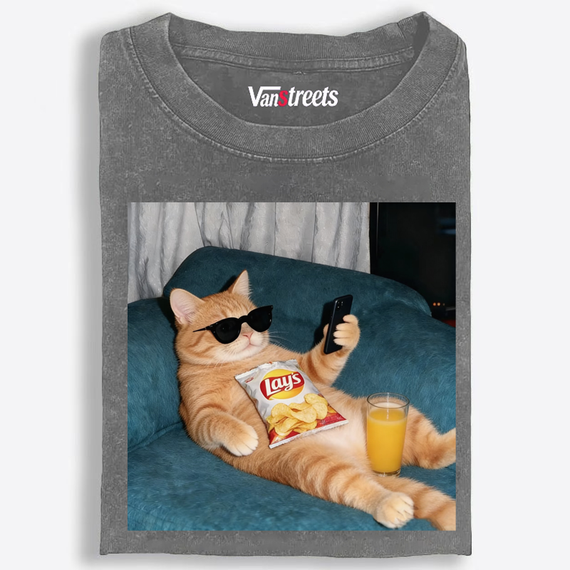Snack Time Orange Cat Washed T-Shirt | 100% Cotton | Streetwear Essential