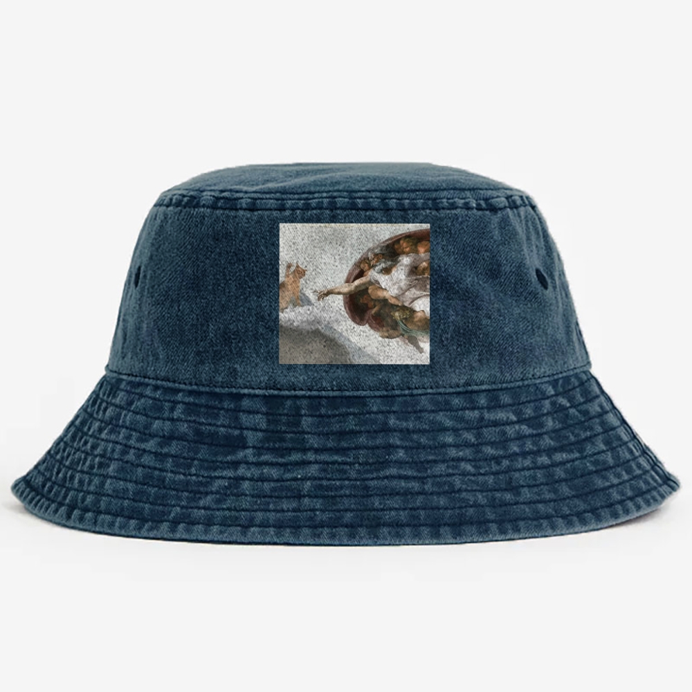 Cat Parody of "The Creation of Adam" Art Retro Vintage Washed Bucket Hat