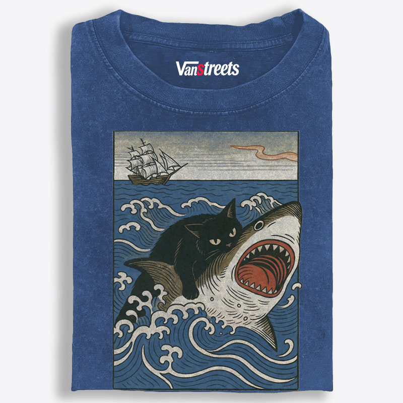 Ukiyo-e Cat Riding Shark Retro Washed T-Shirt | 100% Cotton | Streetwear Essential