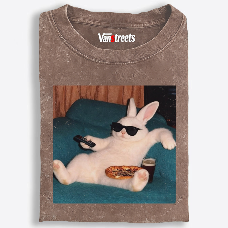 Couch Potato Bunny Retro Washed T-Shirt | 100% Cotton | Streetwear Essential