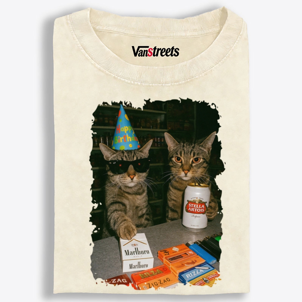 Birthday Party Cats Marlboro Beer Vintage Washed T-Shirt | 100% Cotton | Streetwear Essential