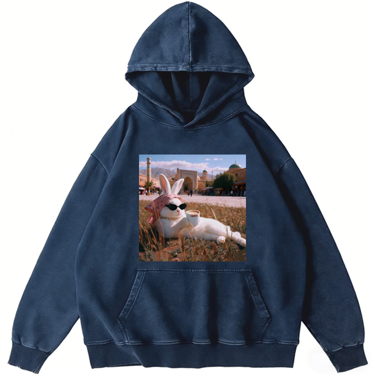 Rabbit Drinking Tea Uyghur Style Retro Washed Hoodie