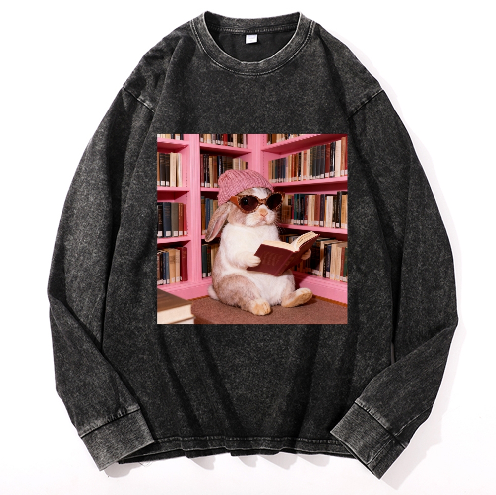 Bunny Bookish Rabbit Retro Washed Long Sleeve T-Shirt