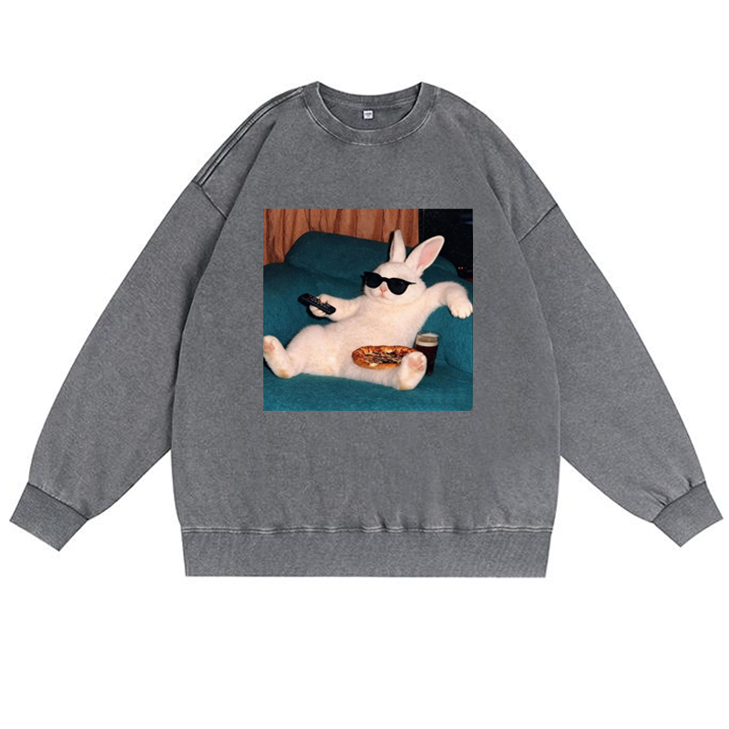 Couch Potato Bunny Retro Premium Washed Cotton Crewneck Sweatshirt