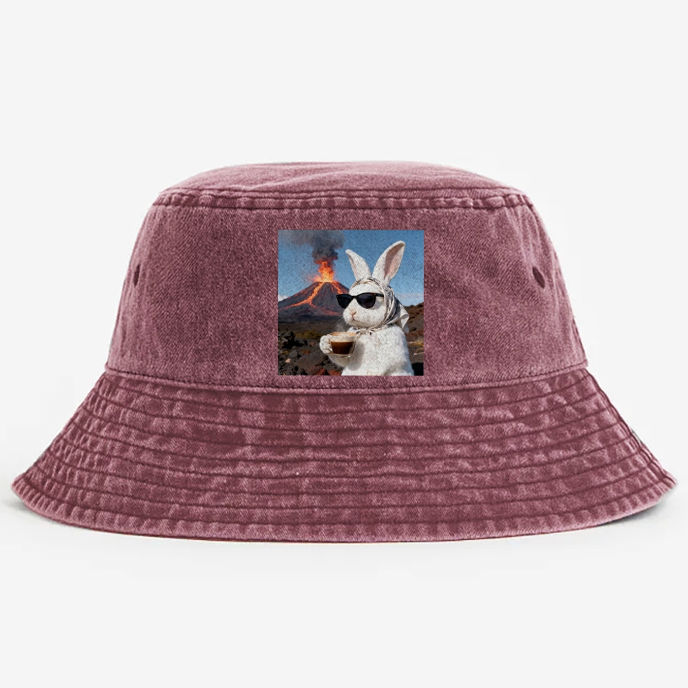 Volcano Coffee Bunny Retro Vintage Washed Bucket Hat