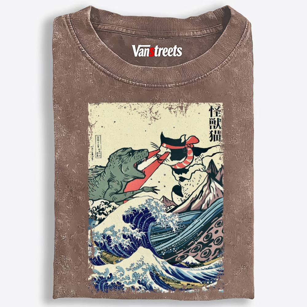 Kaiju Cat vs Godzilla The Great Wave Off Kanagawa Retro Washed T-Shirt | 100% Cotton | Streetwear Essential