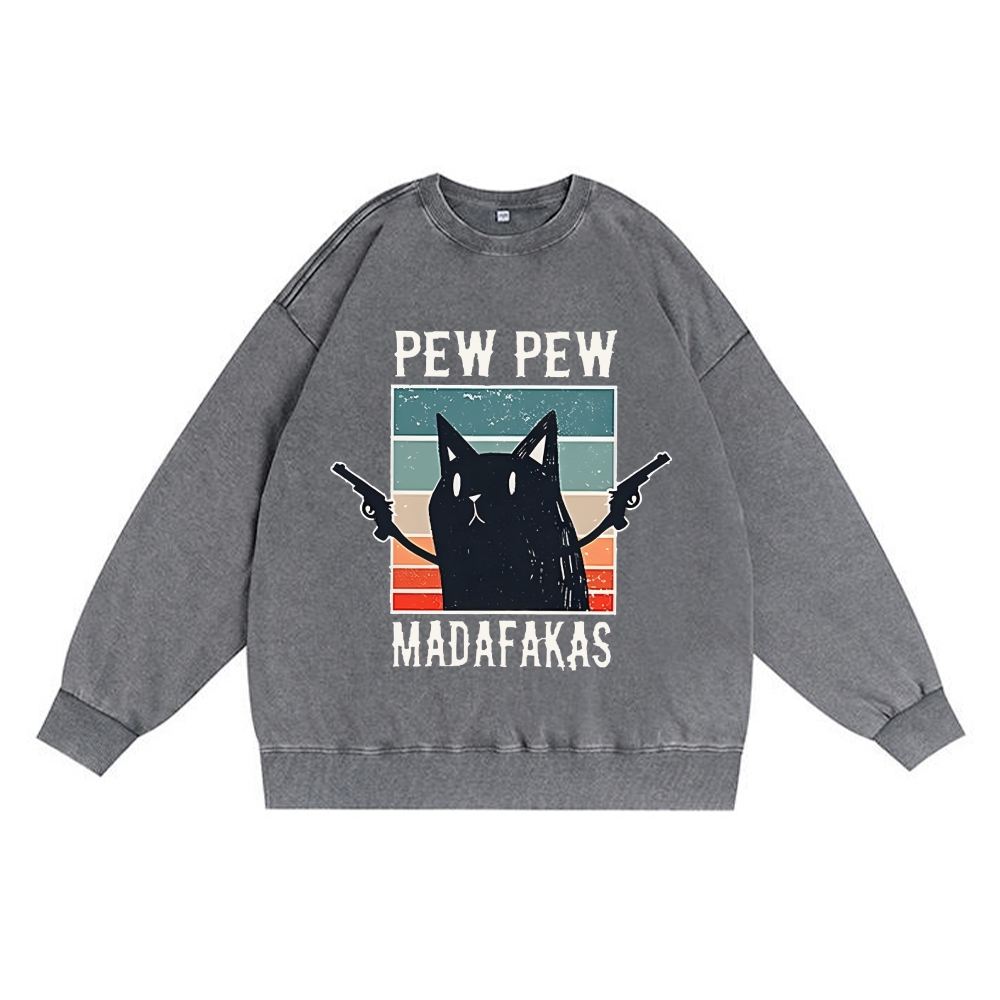 "Pew Pew Madafakas" Black Cat Retro Premium Washed Cotton Crewneck Sweatshirt