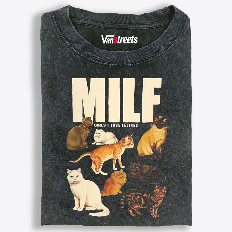 MILF "Girls I Love Felines" Retro Washed T-Shirt | 100% Cotton | Streetwear Essential