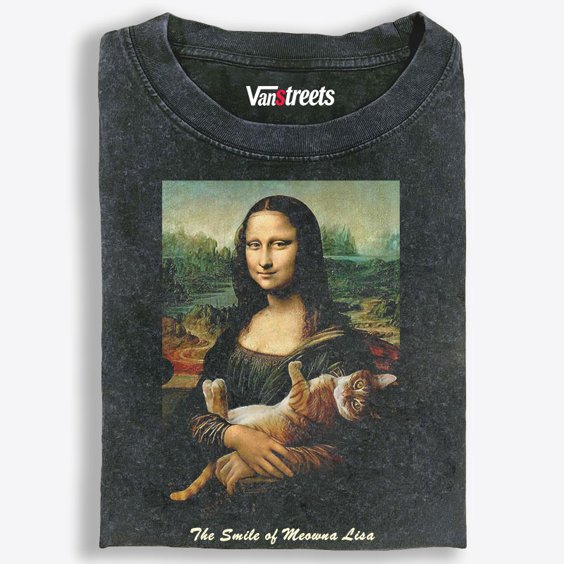 Meowna Lisa Mona Lisa Cat Parody Retro Washed T-Shirt | 100% Cotton | Streetwear Essential