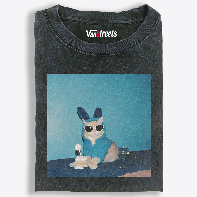 Cool Cat With Bunny Ears Cake Party Meme Retro Washed T-Shirt | 100% Cotton | Streetwear Essential