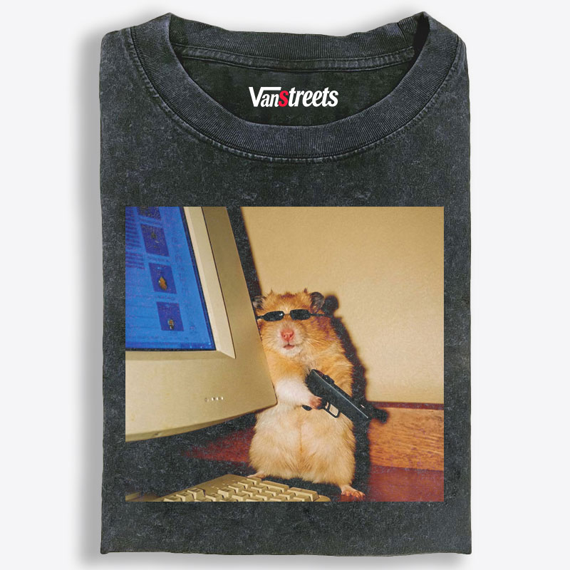 Hacker Hamster With Gun Meme Retro Washed T-Shirt | 100% Cotton | Streetwear Essential