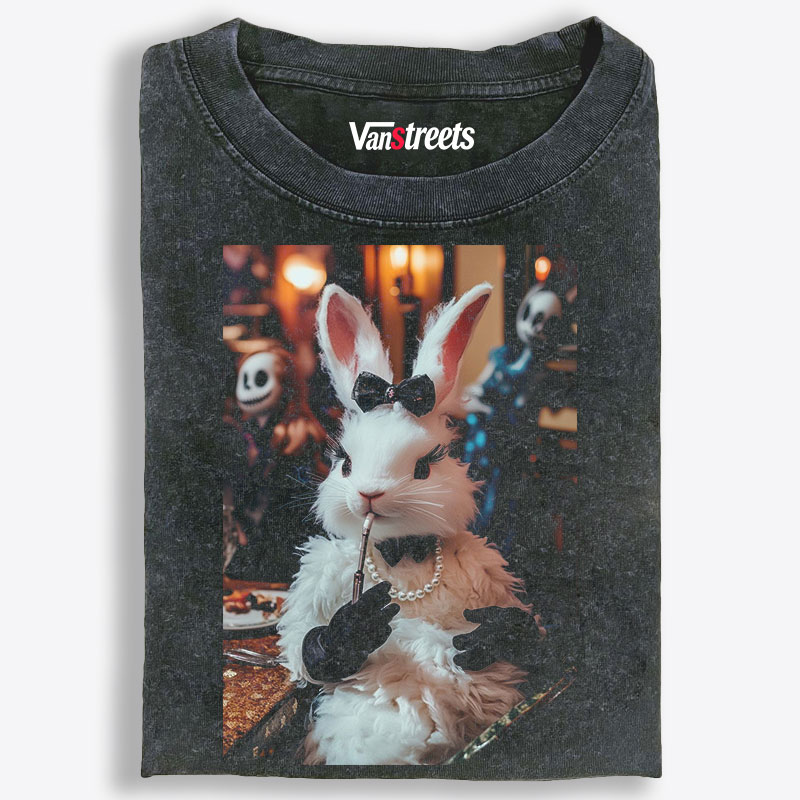 Gothic Party White Rabbit Meme Retro Washed T-Shirt | 100% Cotton | Streetwear Essential