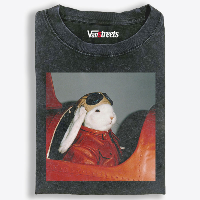 Vintage Pilot Rabbit In Red Plane Meme Retro Washed T-Shirt | 100% Cotton | Streetwear Essential