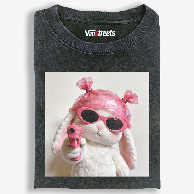 Pink Gun Gangsta Bunny Meme Retro Washed T-Shirt | 100% Cotton | Streetwear Essential