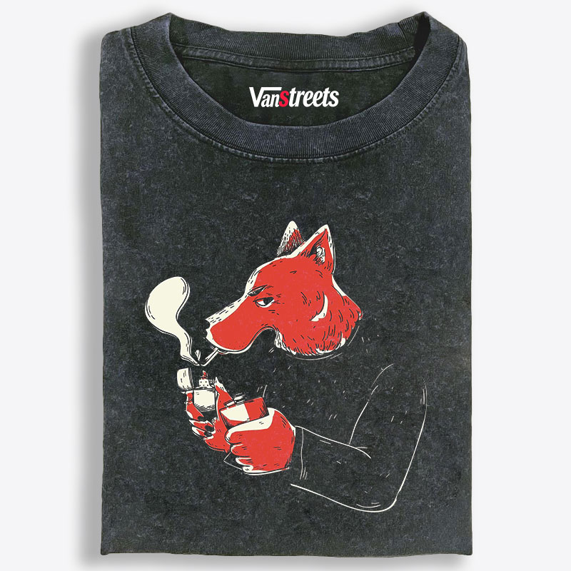 Red Wolf Smoking Retro Washed T-Shirt | 100% Cotton | Streetwear Essential
