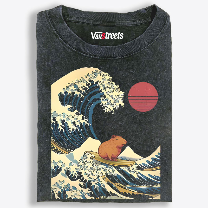 Capybara Surfing Ukiyo-e Retro Washed T-Shirt | 100% Cotton | Streetwear Essential