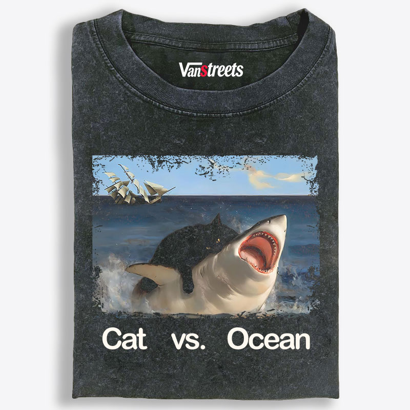 Cat vs. Ocean Retro Washed T-Shirt | 100% Cotton | Streetwear Essential