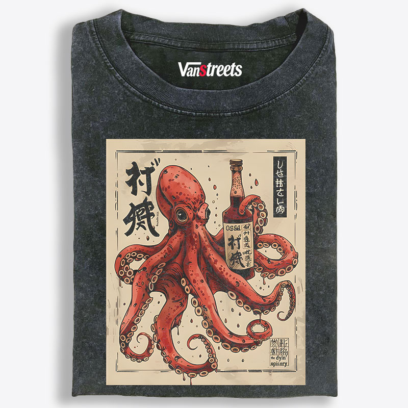 Ukiyo-e Octopus Drinking Sake Retro Washed T-Shirt | 100% Cotton | Streetwear Essential