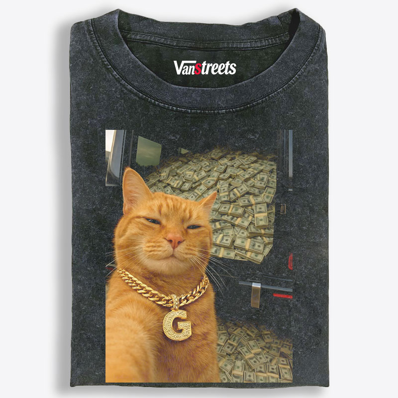 Rich Orange Cat With Gold Chain Money Meme Retro Washed T-Shirt | 100% Cotton | Streetwear Essential