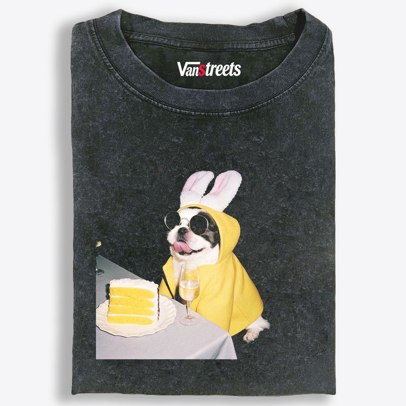 Bunny Ears French Bulldog Birthday Meme Retro Washed T-Shirt | 100% Cotton | Streetwear Essential