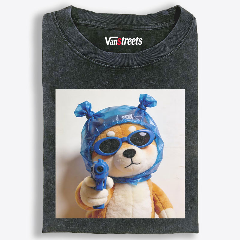 Blue Gun Gangsta Shiba Inu Meme Retro Washed T-Shirt | 100% Cotton | Streetwear Essential