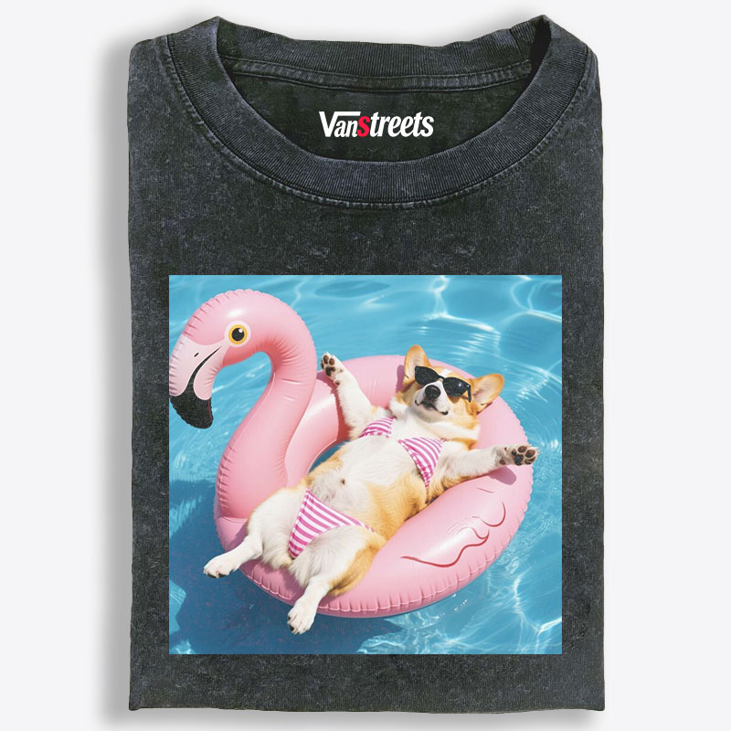 Corgi In Flamingo Floatie Summer Vibes Retro Washed T-Shirt | 100% Cotton | Streetwear Essential