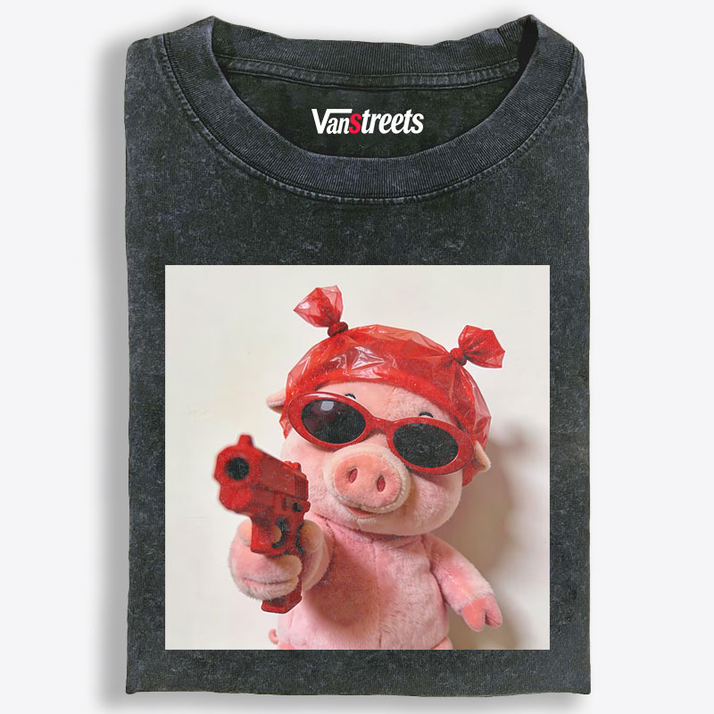 Red Gun Gangsta Pig Meme Retro Washed T-Shirt | 100% Cotton | Streetwear Essential