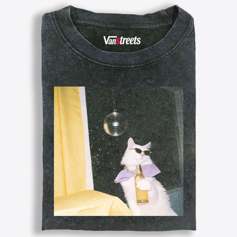 Disco Cat With Mirror Ball Party Meme Retro Washed T-Shirt | 100% Cotton | Streetwear Essential