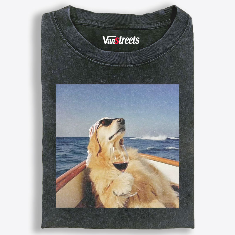 Golden Retriever On Yacht With Wine Meme Retro Washed T-Shirt | 100% Cotton | Streetwear Essential