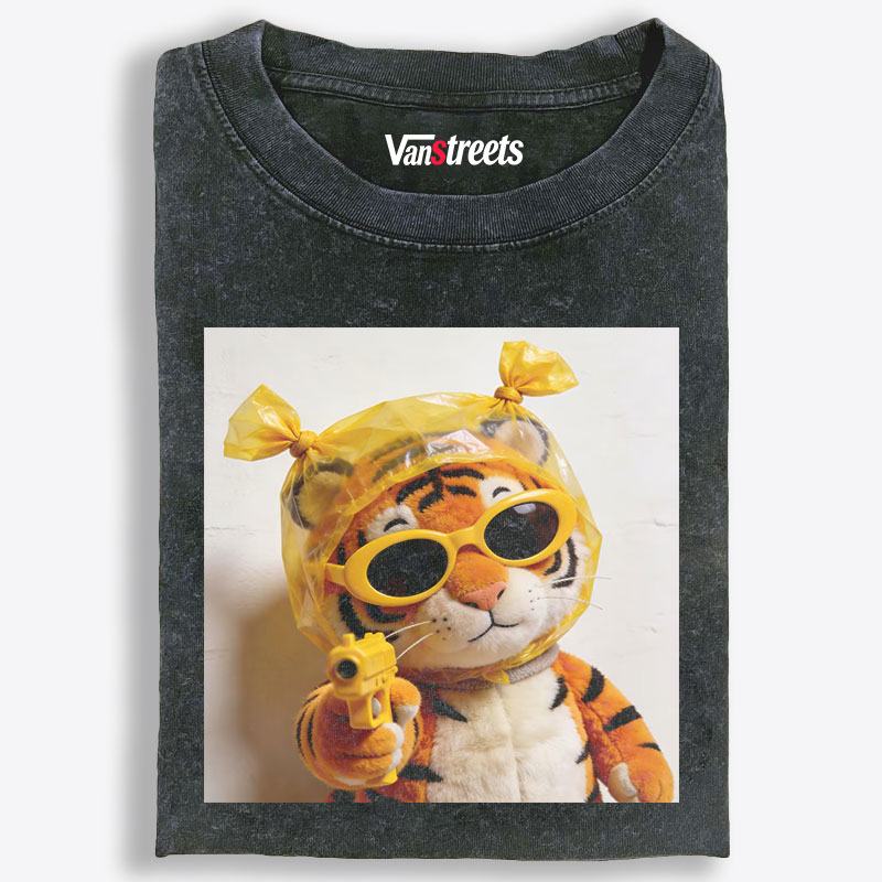 Yellow Gun Gangsta Tiger Meme Retro Washed T-Shirt | 100% Cotton | Streetwear Essential