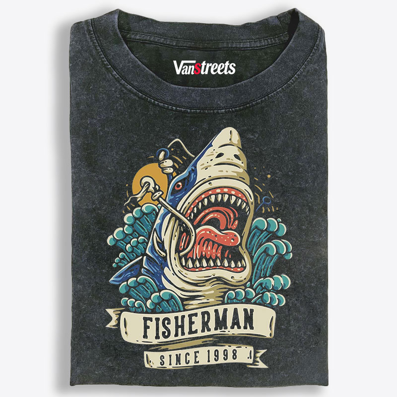 Fisherman Shark Retro Washed T-Shirt | 100% Cotton | Streetwear Essential