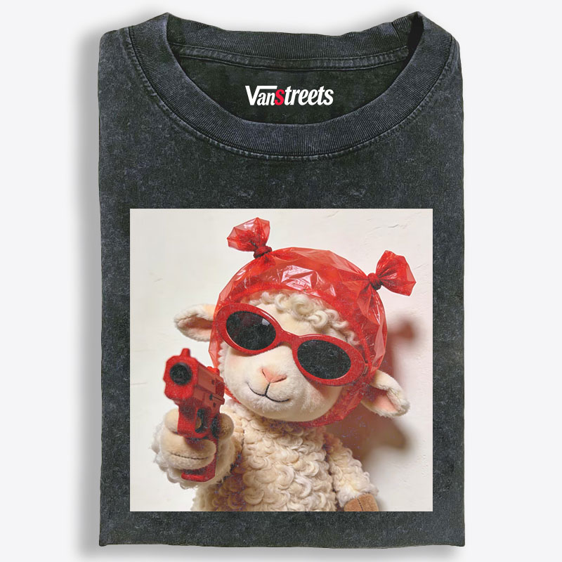 Red Gun Gangsta Lamb Meme Retro Washed T-Shirt | 100% Cotton | Streetwear Essential