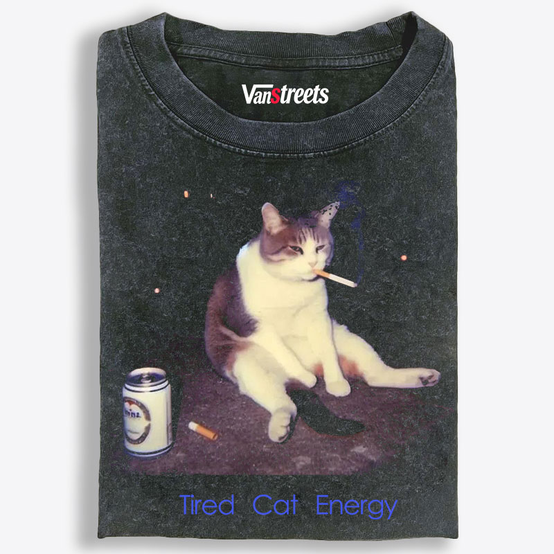 Tired Cat Energy Retro Washed T-Shirt | 100% Cotton | Streetwear Essential
