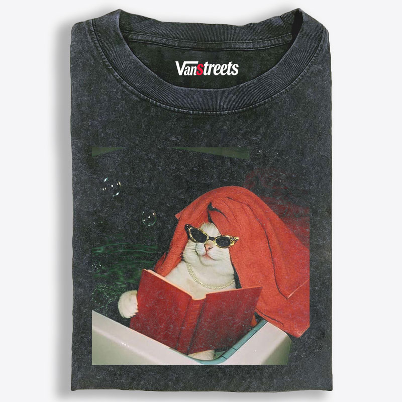 Cool Cat Relaxing In Pool With Sunglasses Retro Washed T-Shirt | 100% Cotton | Streetwear Essential