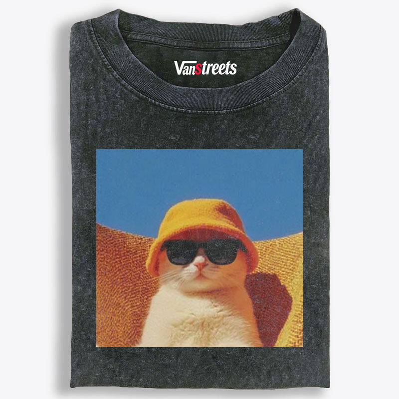 Cool Cat In Yellow Bucket Hat Streetwear Retro Washed T-Shirt | 100% Cotton | Streetwear Essential