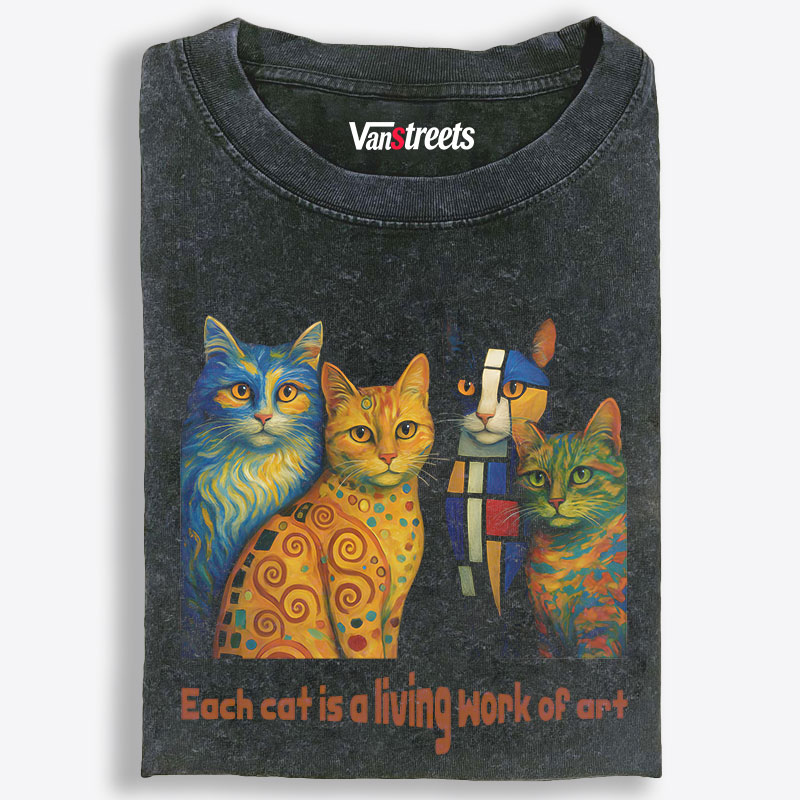 Art Cats "Each Cat Is a Living Work of Art" Retro Washed T-Shirt | 100% Cotton | Streetwear Essential