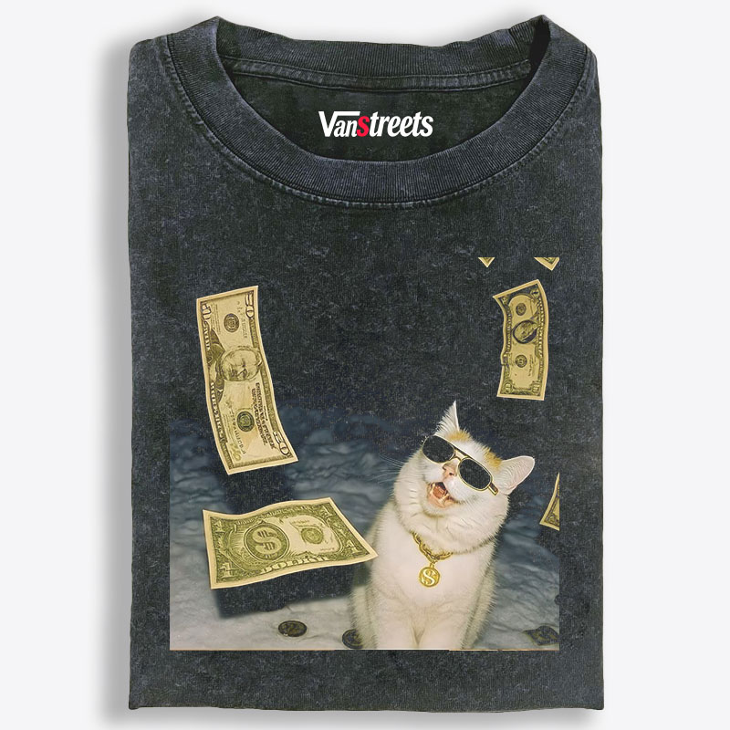 Rich Cat In Money Rain Meme Retro Washed T-Shirt | 100% Cotton | Streetwear Essential