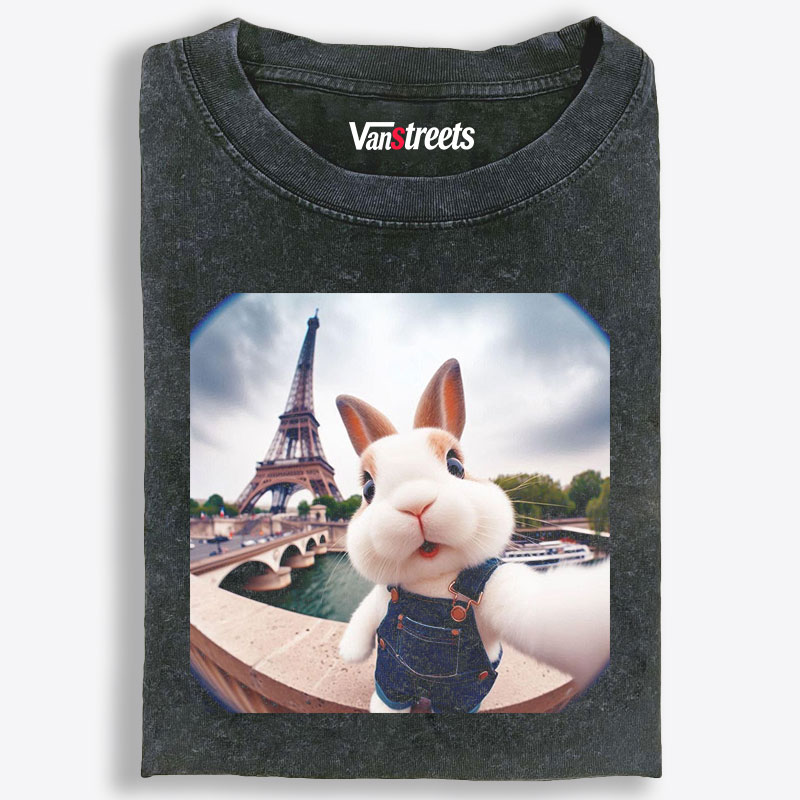 Eiffel Tower Selfie Bunny Meme Retro Washed T-Shirt | 100% Cotton | Streetwear Essential