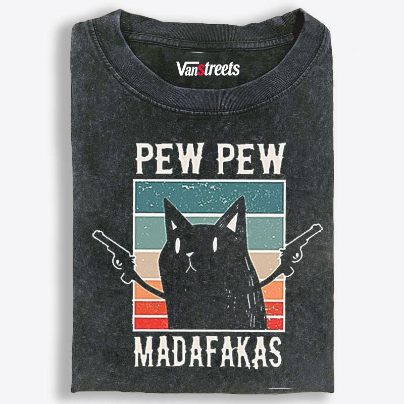 "Pew Pew Madafakas" Black Cat Retro Washed T-Shirt | 100% Cotton | Streetwear Essential