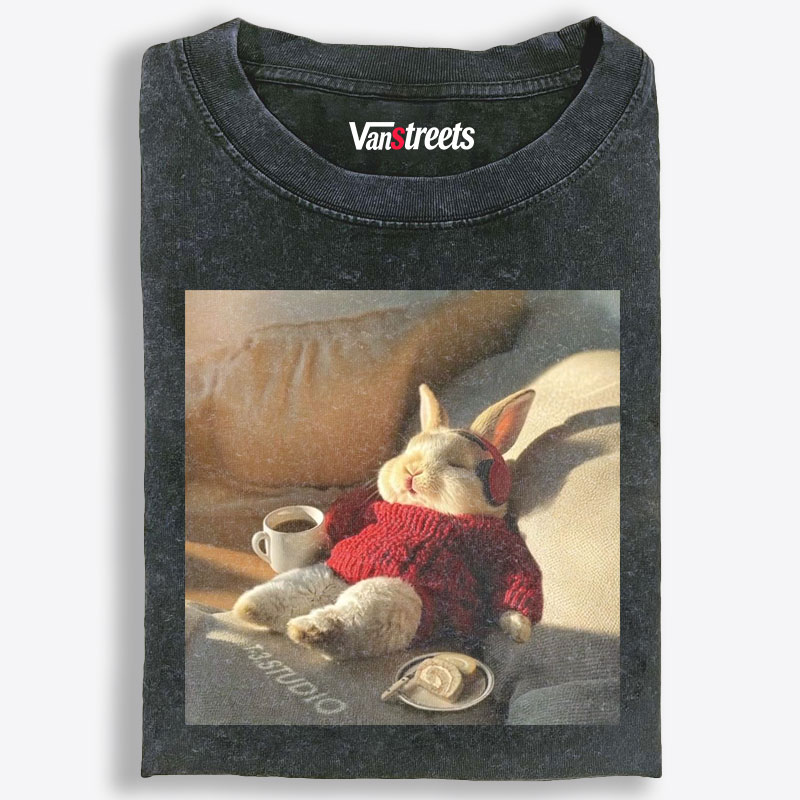 Lazy Coffee Bunny Meme Retro Washed T-Shirt | 100% Cotton | Streetwear Essential