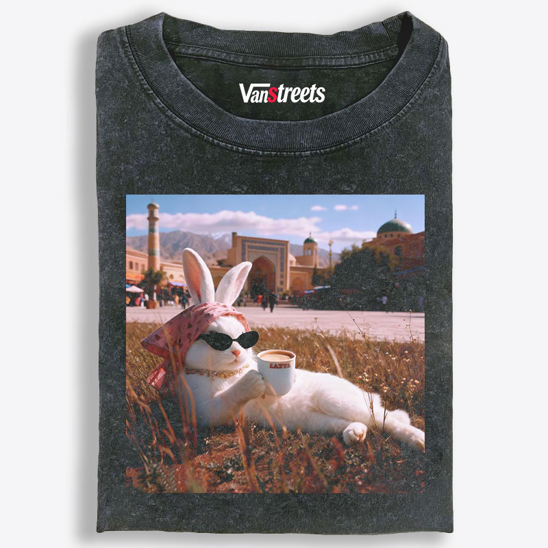 Rabbit Drinking Tea Uyghur Style Retro Washed T-Shirt | 100% Cotton | Streetwear Essential
