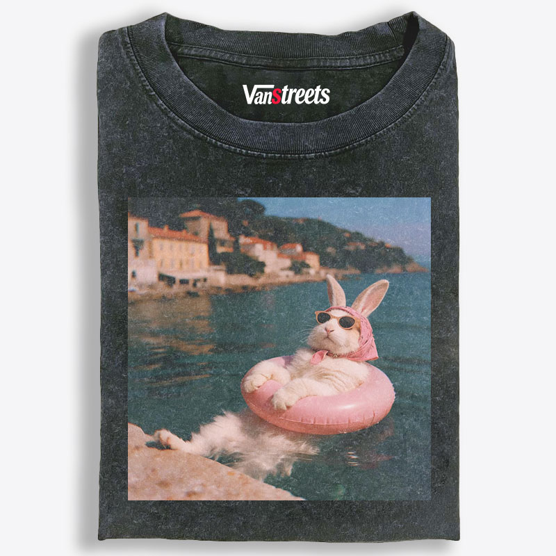 Rabbit On Vacation Swimming Ring Retro Washed T-Shirt | 100% Cotton | Streetwear Essential