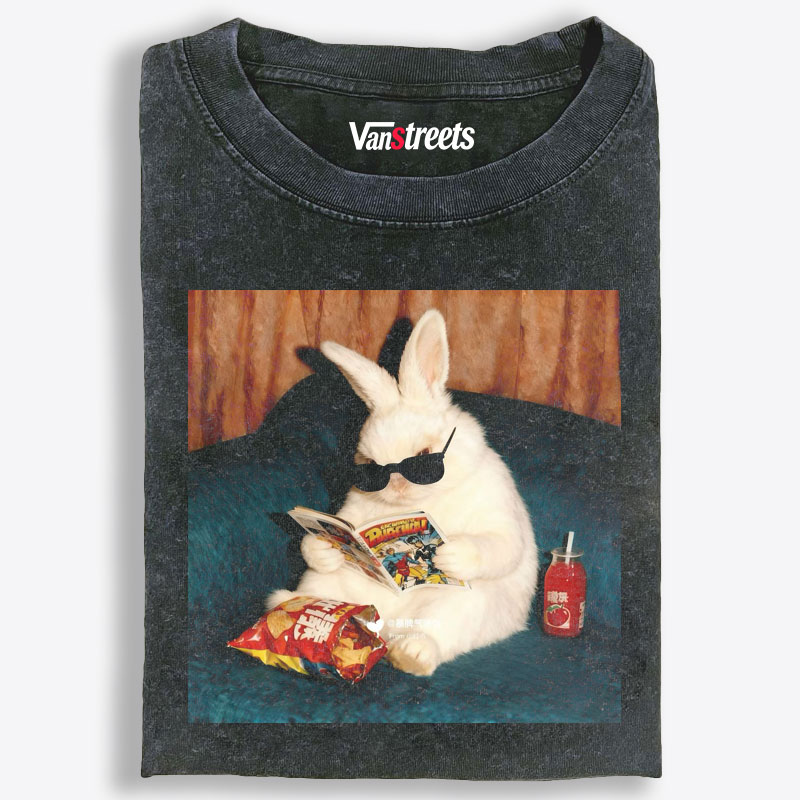Rabbit Reading Comic Book Cool Cat Retro Washed T-Shirt | 100% Cotton | Streetwear Essential