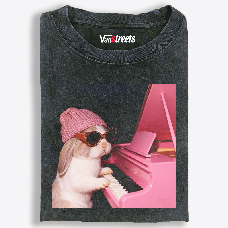 Bunny The Piano Rabbit Retro Washed T-Shirt | 100% Cotton | Streetwear Essential
